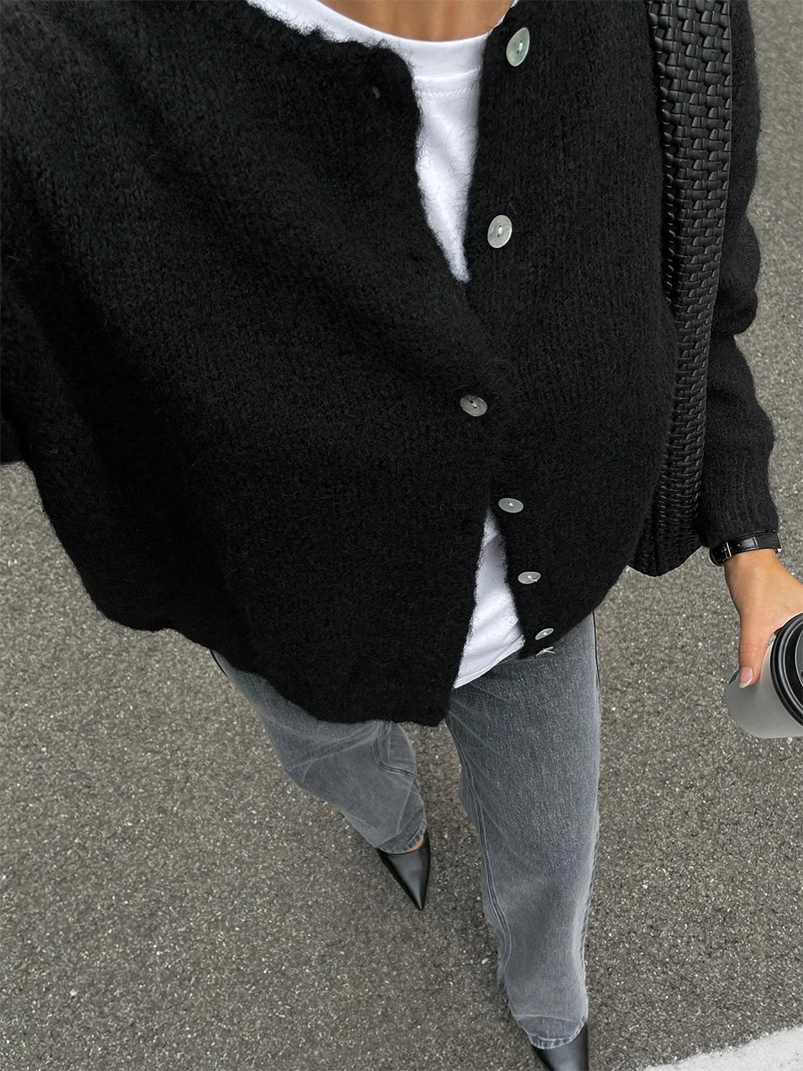 Women's Cardigan Slim-Fit Single-Breasted O-Neck Button Wool-Cotton-Acrylic Blend Full-Sleeve Autumn Winter Sweater
