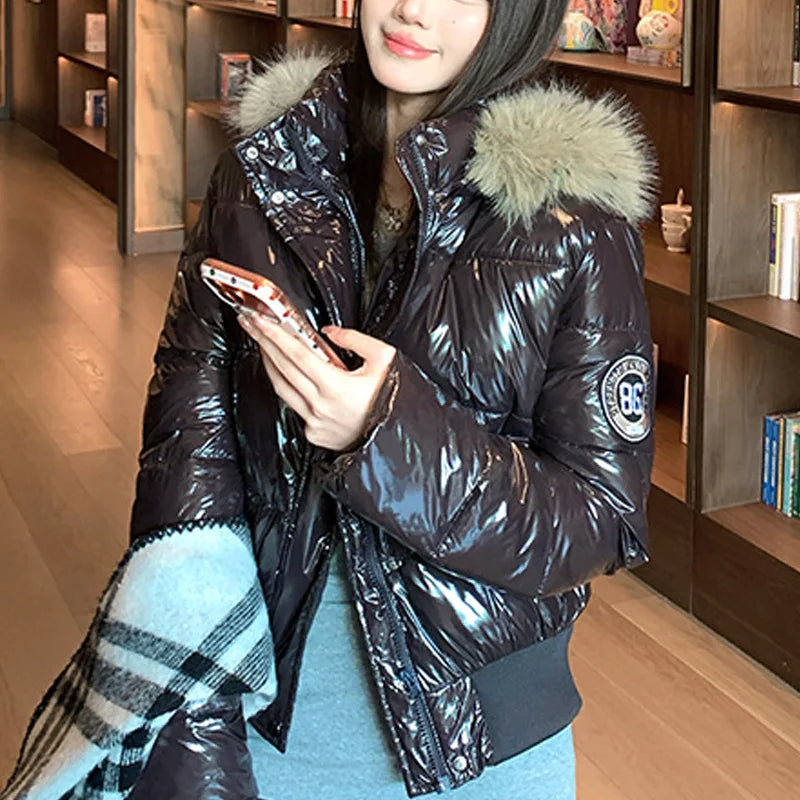 Women's Glossy Hooded Puffer Jacket with Faux Fur Trim