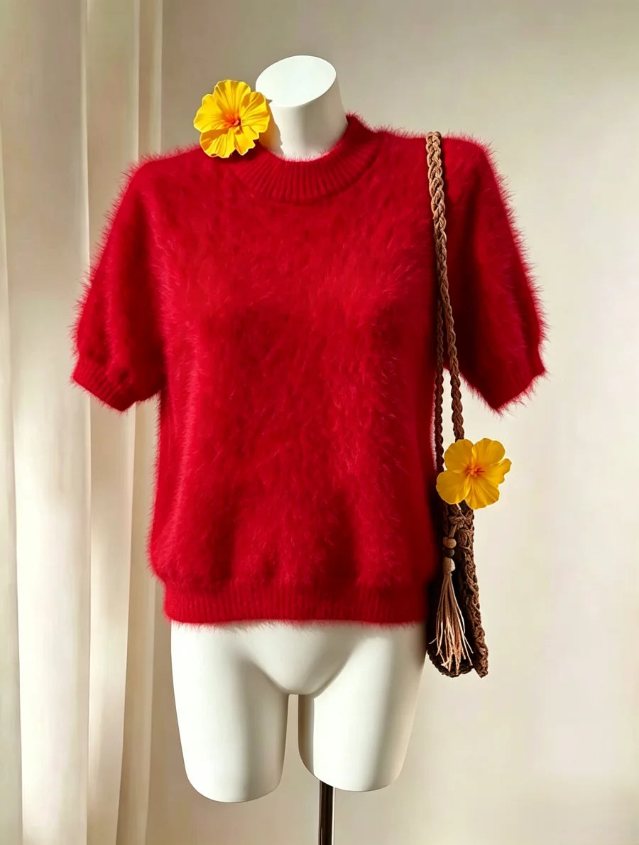 Cardigan Curto de Manga Curta Plush para Mulher | Top Felpudo Elegante com Fecho Simples