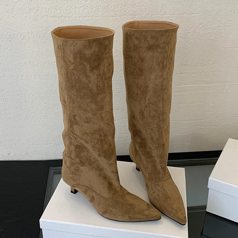 Women's Faux Suede Knee-High Boots with Pointed Toe