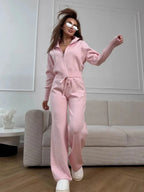 Women's Knit 2-Piece Set Zip-Up Stand Collar Cardigan Wide-Leg Ankle Pants Office Lady Autumn Winter Outfit
