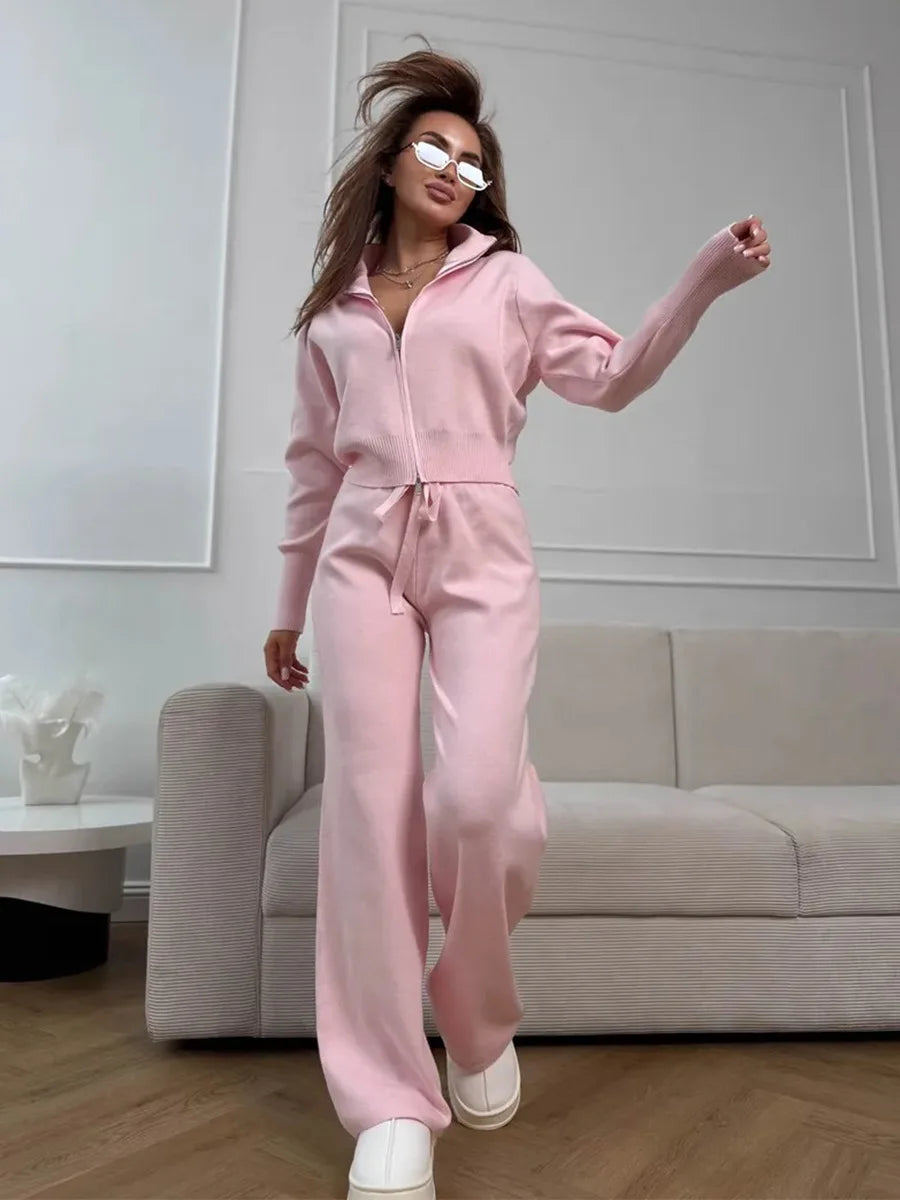 Women's Knit 2-Piece Set Zip-Up Stand Collar Cardigan Wide-Leg Ankle Pants Office Lady Autumn Winter Outfit