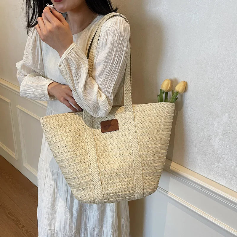 Large Straw Woven Handbags Women's Zipper Summer Beach Bags