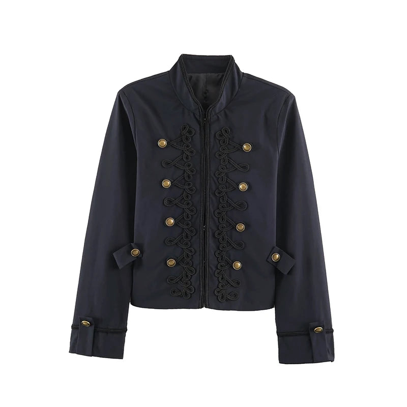 Women's Jacket Vintage Solid Knot Button Single-Breasted Stand Collar Full-Sleeve Slim Short Outerwear Coat