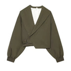 Women's Fashion Cropped Jackets V-Neck Long Sleeves With Bow Solid Pullover Chic Lady Outfits