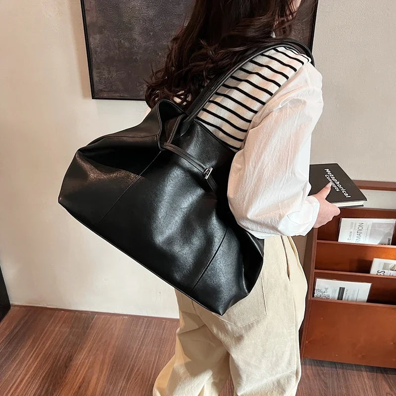 Large Tote Bags Women's Soft PU Leather Belt Lock Snap Handbags