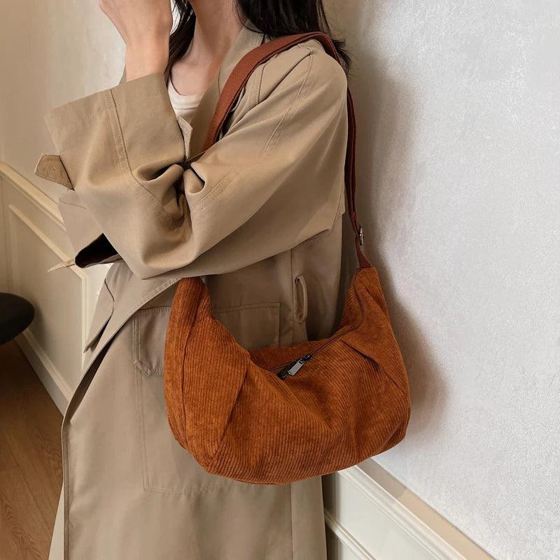 Large Corduroy Soft Fabric Shoulder Bags Women Zipper Solid Hobo Handbags