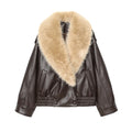 Women's Coat Vintage Faux Leather Big Fur Collar Double-Breasted Loose Full-Sleeve Thick Outerwear Jacket