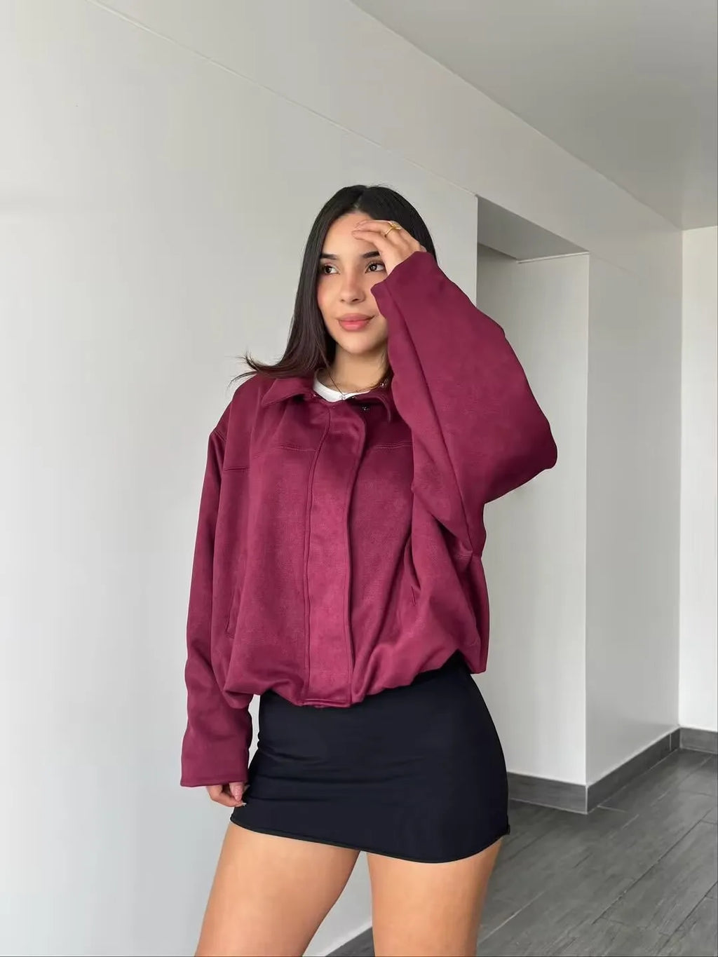 Women's Suede Textured Bomber Jacket Long Sleeve Lapel Collar Loose Coats Casual Outerwear