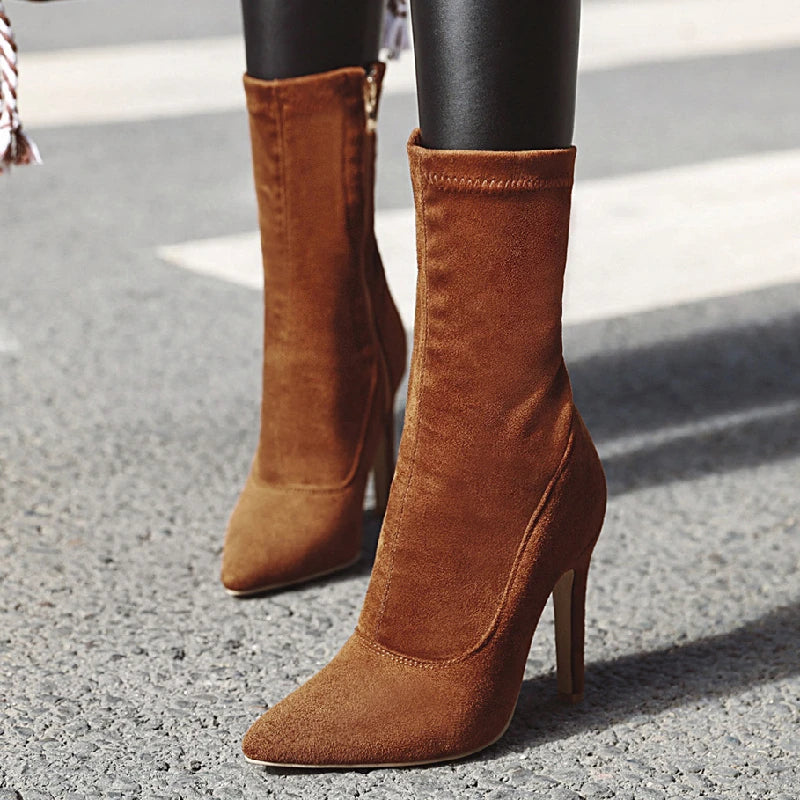 Women’s High Heel Sock Ankle Boots – Pointed Toe, Plus Size