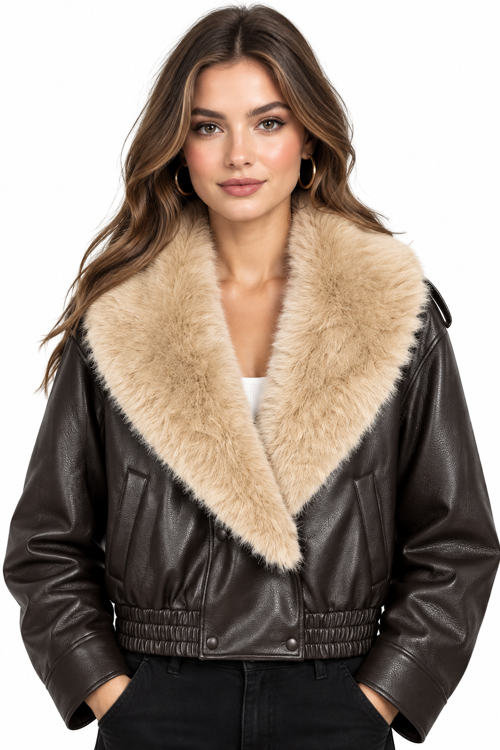 Women's Coat Vintage Faux Leather Big Fur Collar Double-Breasted Loose Full-Sleeve Thick Outerwear Jacket