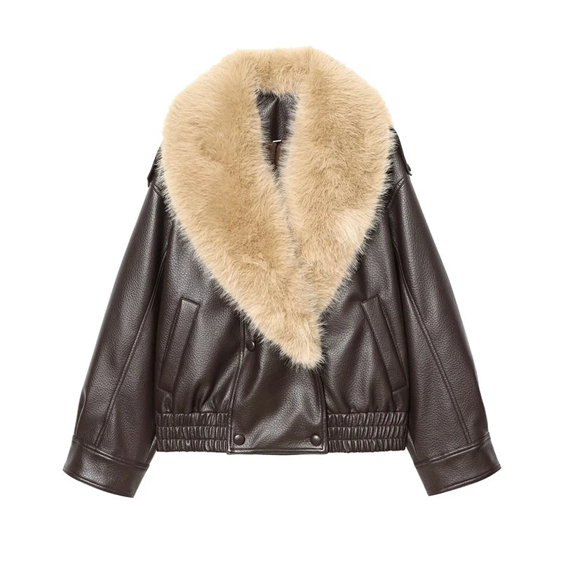 Women's Coat Vintage Faux Leather Big Fur Collar Double-Breasted Loose Full-Sleeve Thick Outerwear Jacket