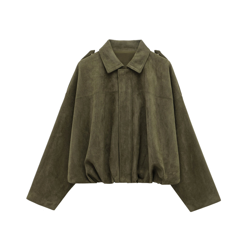 Women's Jacket Vintage Green Ruched Full-Zip Button-Up Collar Asymmetric-Hem Streetwear Coat
