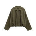 Women's Jacket Vintage Green Ruched Full-Zip Button-Up Collar Asymmetric-Hem Streetwear Coat