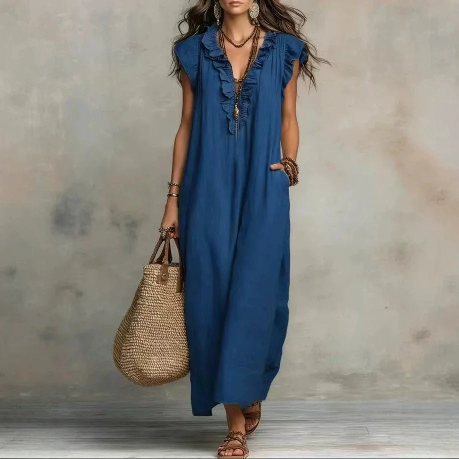 Boho Maxi Dress with Pockets – Ruffle V-Neck Sleeveless Beach Dress