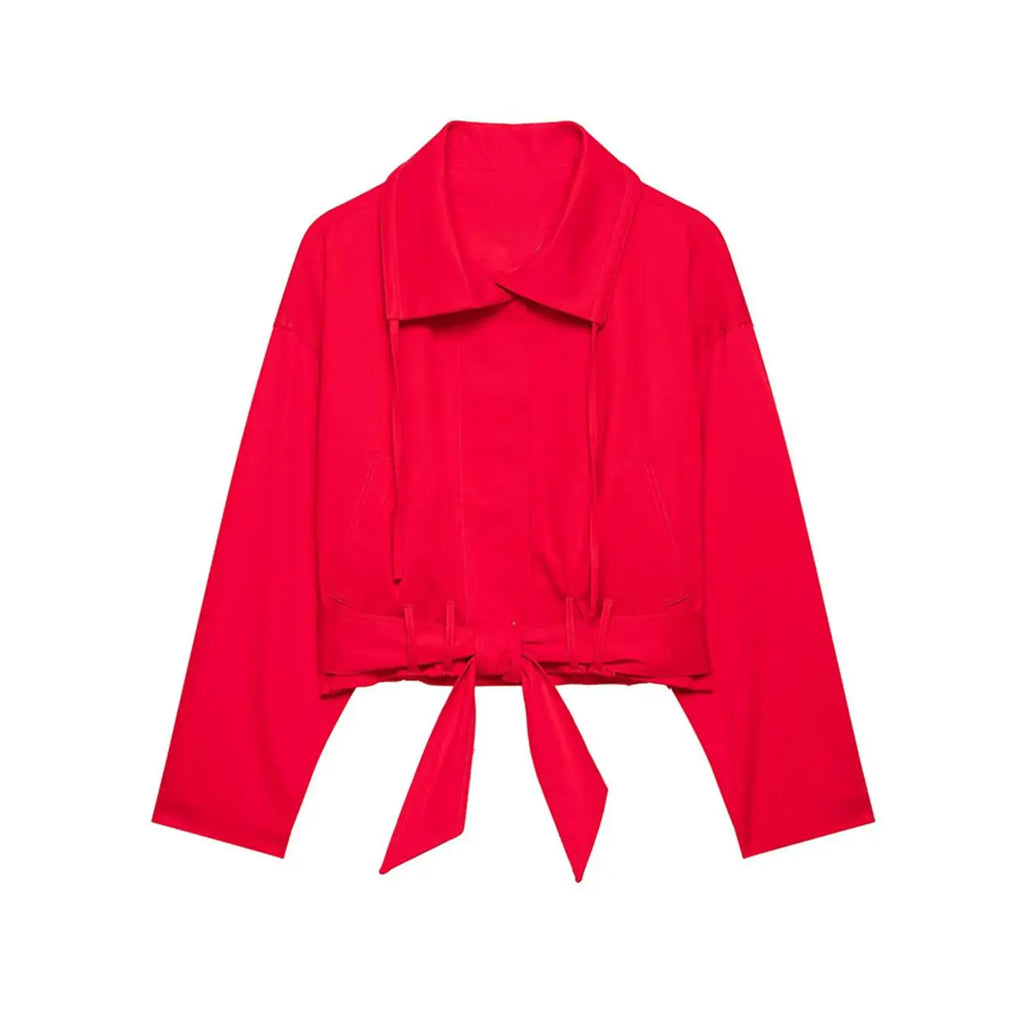 Women Trendy Red Turtleneck Jacket High Street 2026 Spring Fashion Elegant Belt Short Coat Female Chic Outwear