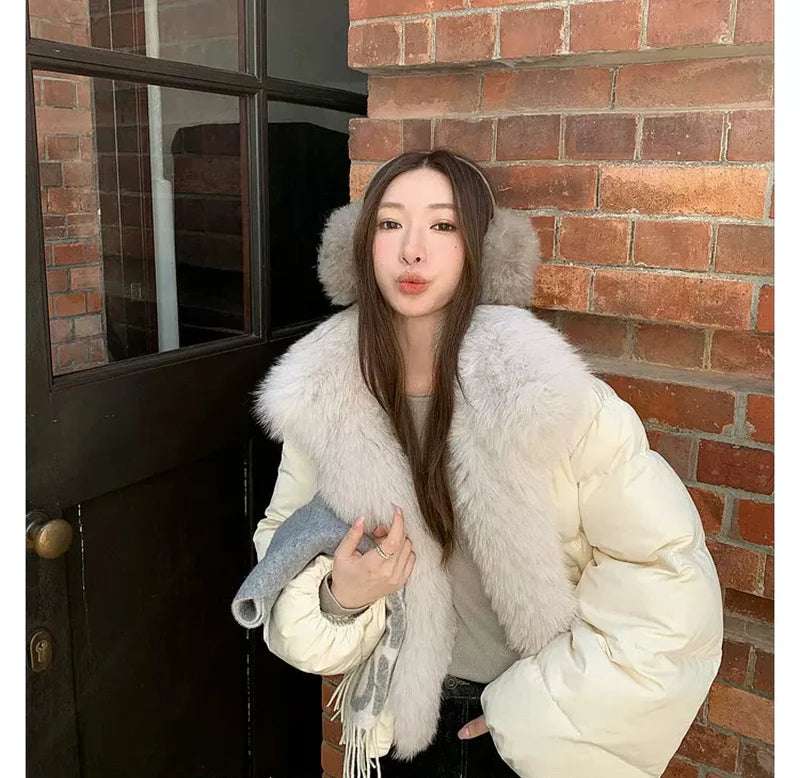 Women's Cropped Puffer Jacket with Faux Fur Collar