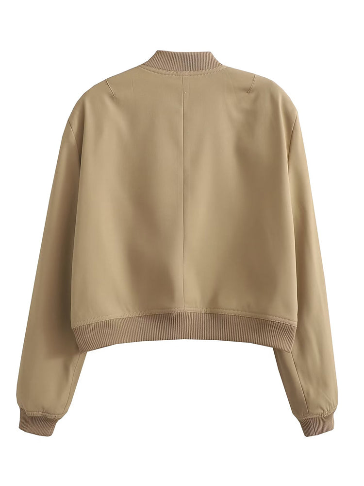 Women Fashion Solid Bomber Jackets Coat With Pockets V-Neck Single Breasted Long Sleeves