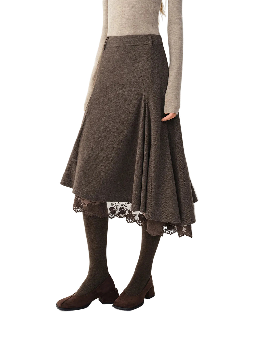 Women's Woolen Skirt Lace Panel Asymmetric Hem A-Line Empire Waist Mid-Calf Knit Casual Office Winter