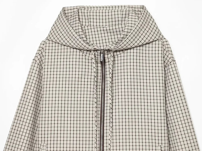 Women's Jacket Plaid Hooded Full-Zip Loose Turn-Down Collar Full-Sleeve Varsity Bomber Coat
