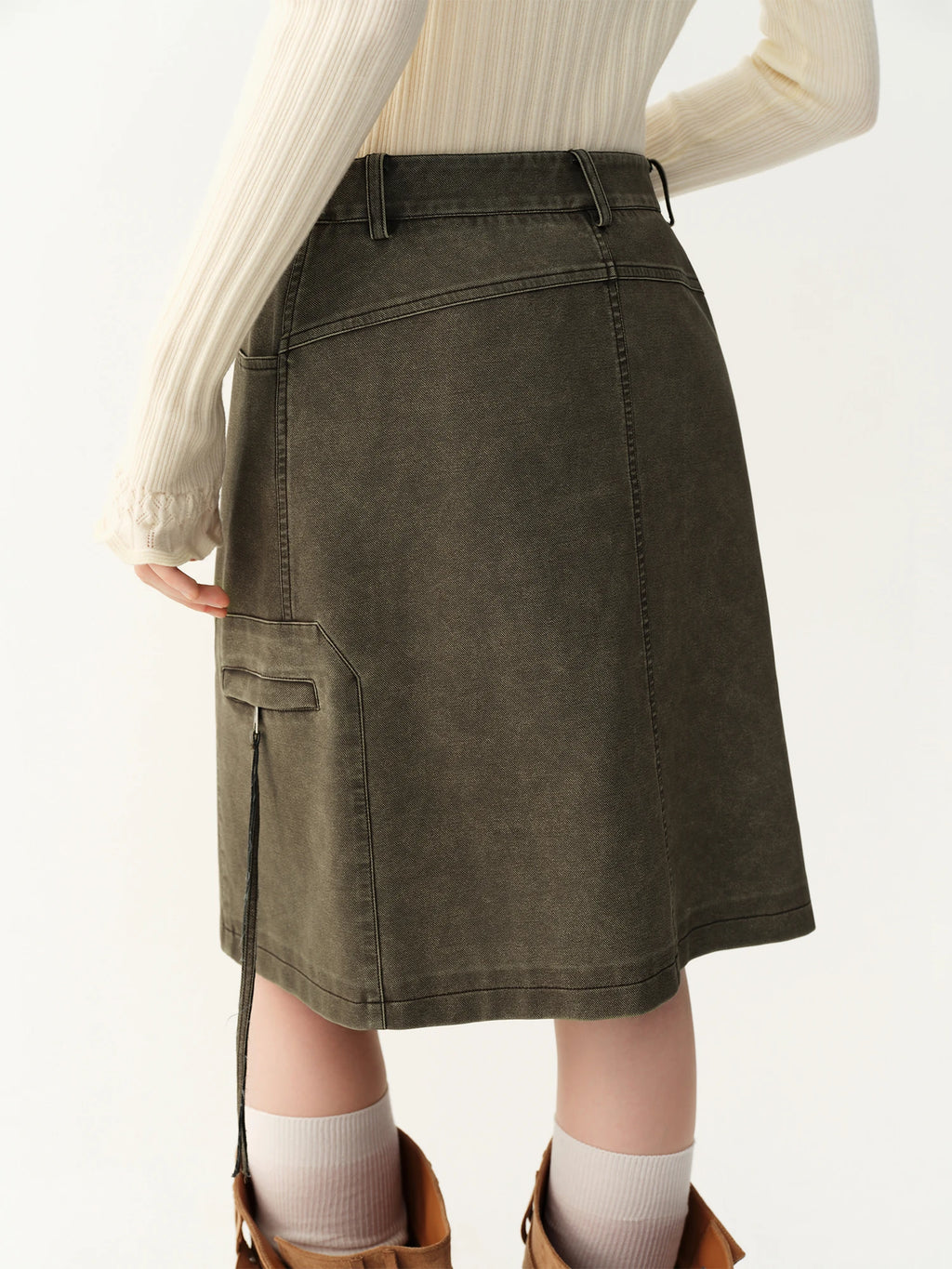 Women's Skirt Viscose Broadcloth Straight Cargo-Style Pockets High-Rise Empire Waist Knee-Length Casual Winter