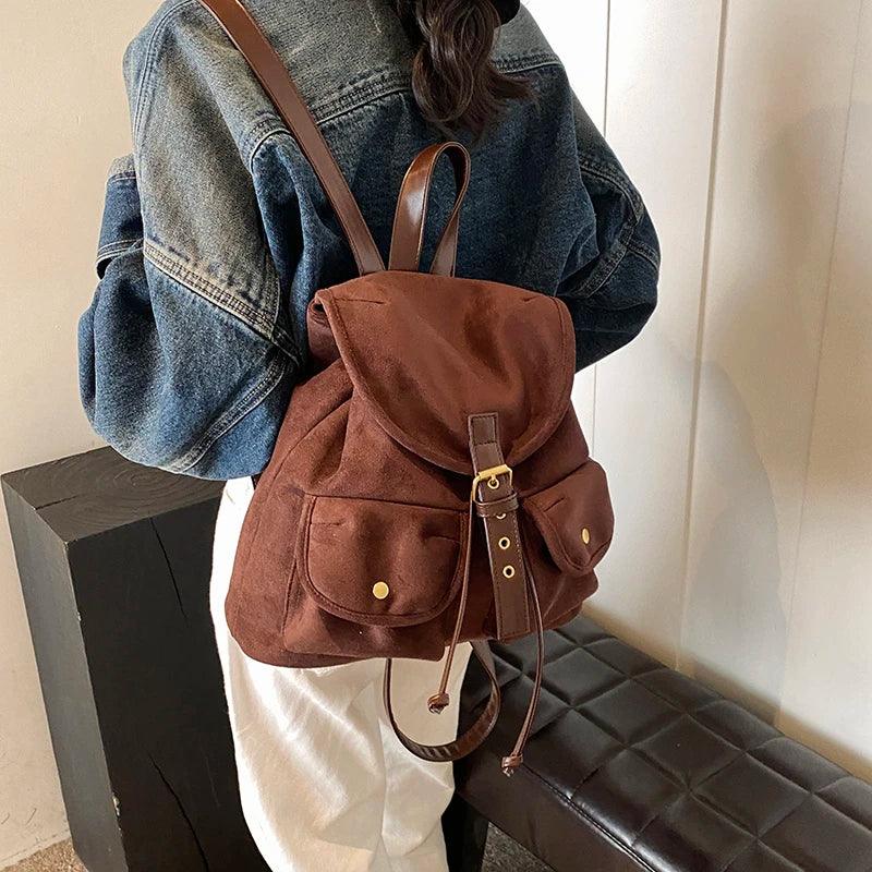 Suede Women Backpacks Soft Flap Outer Pockets Drawstring Medium Shoulder Bags