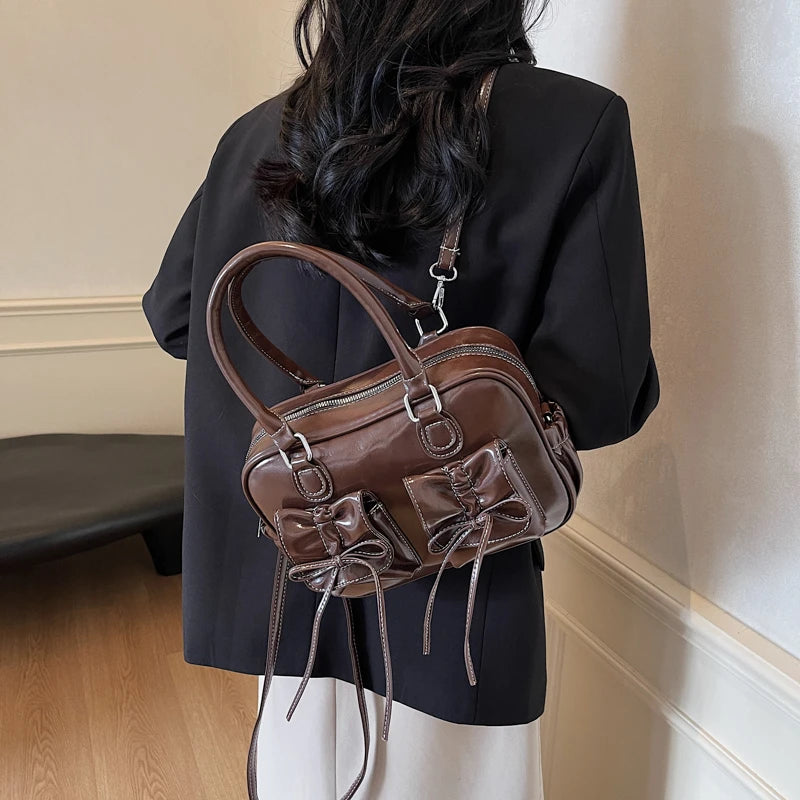 Leather Tote Bags Women Bow Ruched Outer Flap Pockets Style Zipper Crossbody