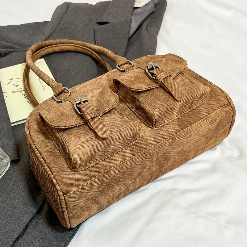 Double Outer Pockets Underarm Bags Matte Leather Women Zipper Double Handles Tote