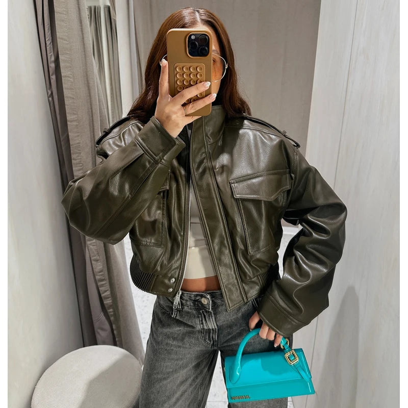 Women's High-Neck Zip-Up Moto Jacket with Pockets