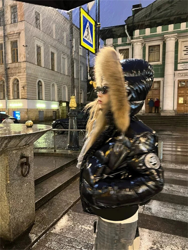 Women's Glossy Hooded Puffer Jacket with Faux Fur Trim