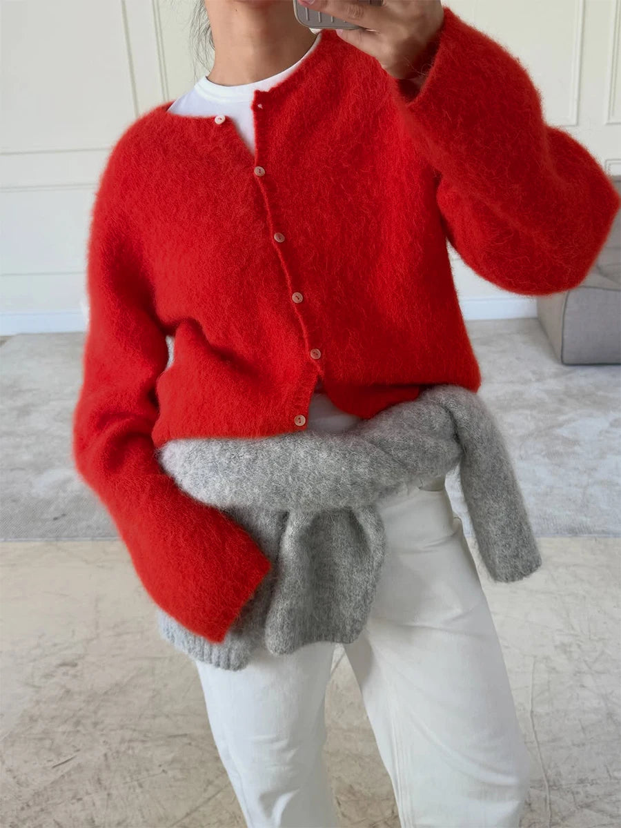 Cardigan Women's Spring and Autumn Loose Round Neck Knitted Jacket Soft Long Sleeved Sweater