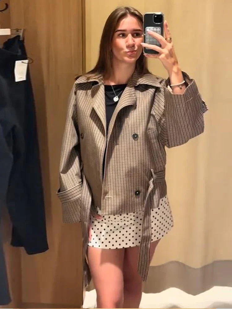 Women's Jacket Polyester Plaid Loose Stand Collar Full-Zip Full-Sleeve Casual Autumn Outerwear
