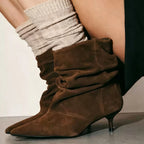 Women's Brown Faux Suede Ruched Kitten Heel Ankle Boots