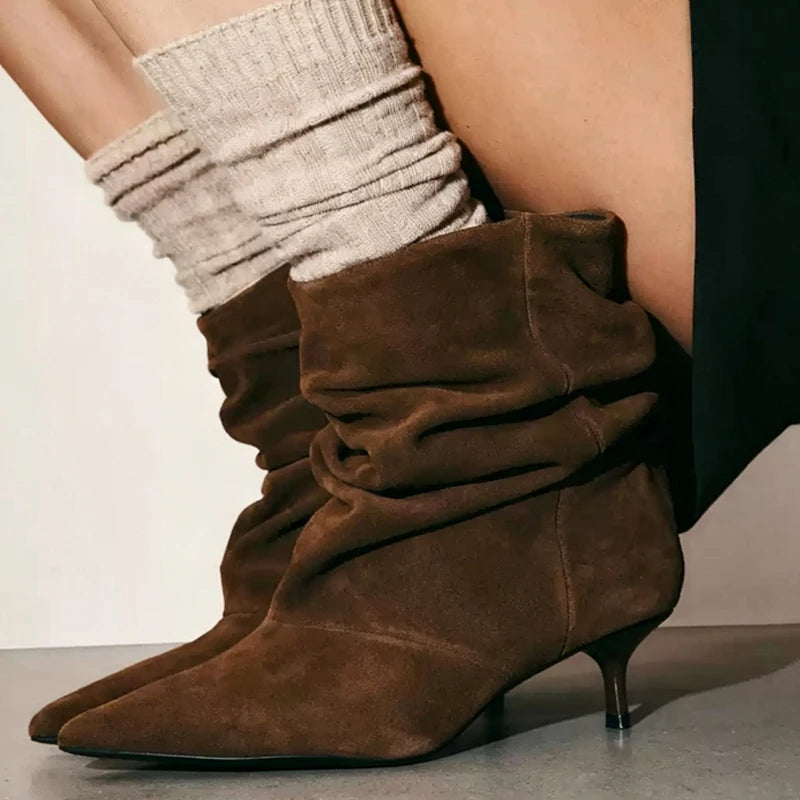 Women's Brown Faux Suede Ruched Kitten Heel Ankle Boots