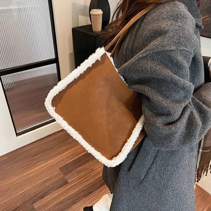 Small Faux Suede Plush Shoulder Bags Open Square Soft Fur Trim Double Handles