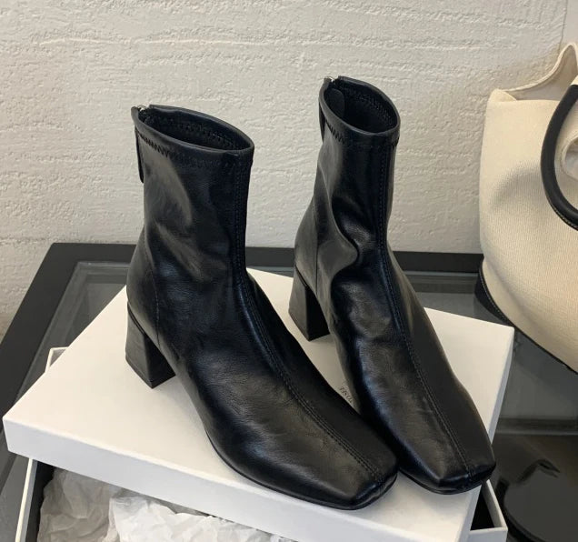 Women's Square-Toe Block Heel Ankle Boots with Back Zipper
