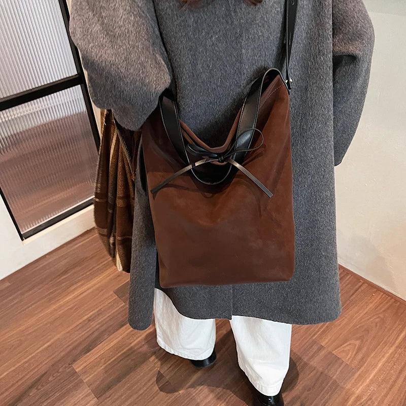 Suede Retro Shoulder Bag Women Tie Soft Hobo Crossbody Handbags Solid Purses