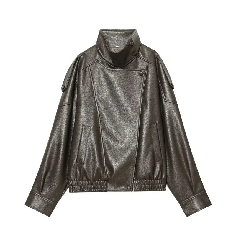 Women's Jacket Pebble Faux Leather Full-Sleeve Moto-Style Zipper Casual Coat