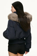 Women's Hooded Winter Bomber Jacket with Faux Fur Trim