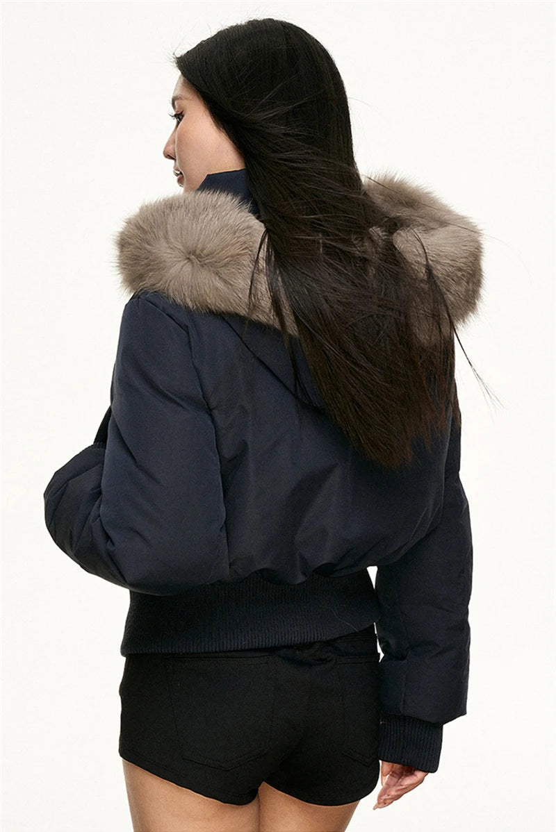 Women's Hooded Winter Bomber Jacket with Faux Fur Trim