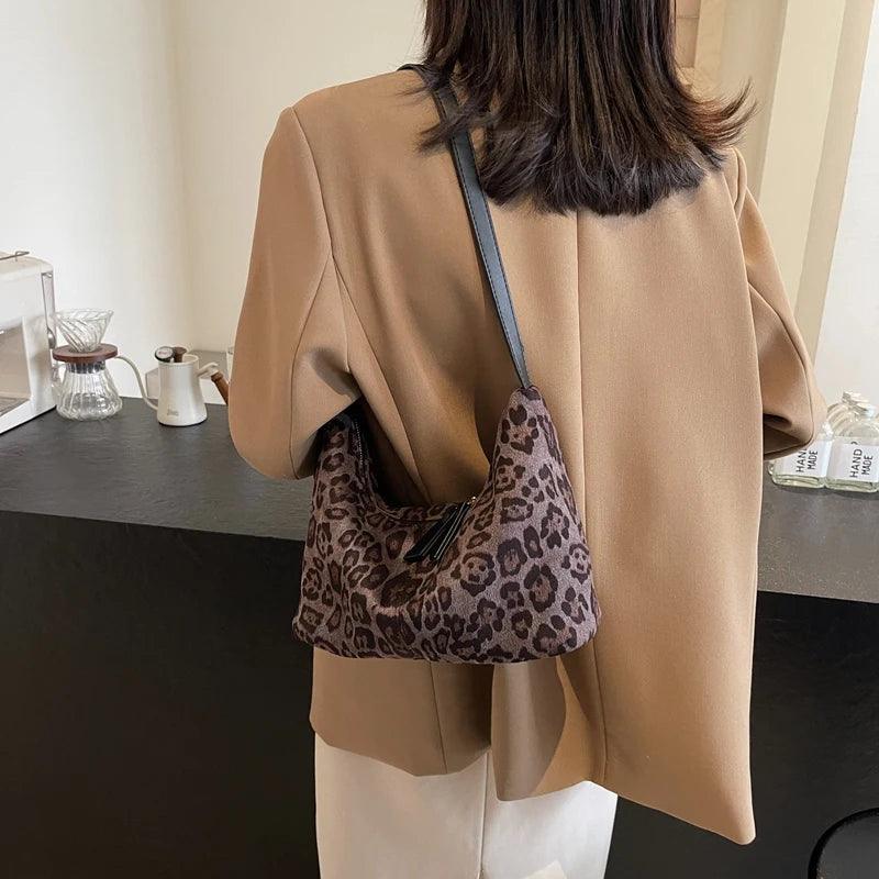 Suede Leopard Shoulder Bags Women Zipper Medium Soft Purse with Adjustable Strap