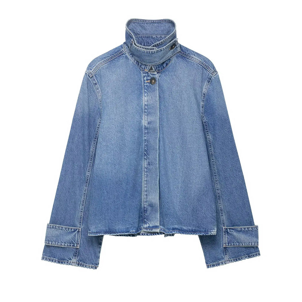 Women's Street Fashion Denim Jackets Long Sleeves High Neck New Casual Denim Coats ﻿
