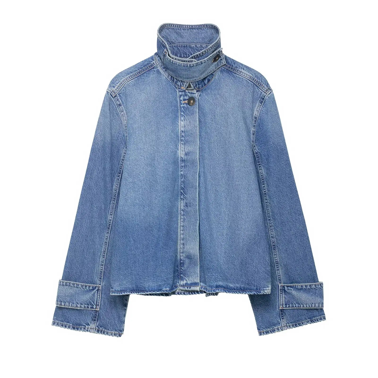 Women's Street Fashion Denim Jackets Long Sleeves High Neck New Casual Denim Coats ﻿