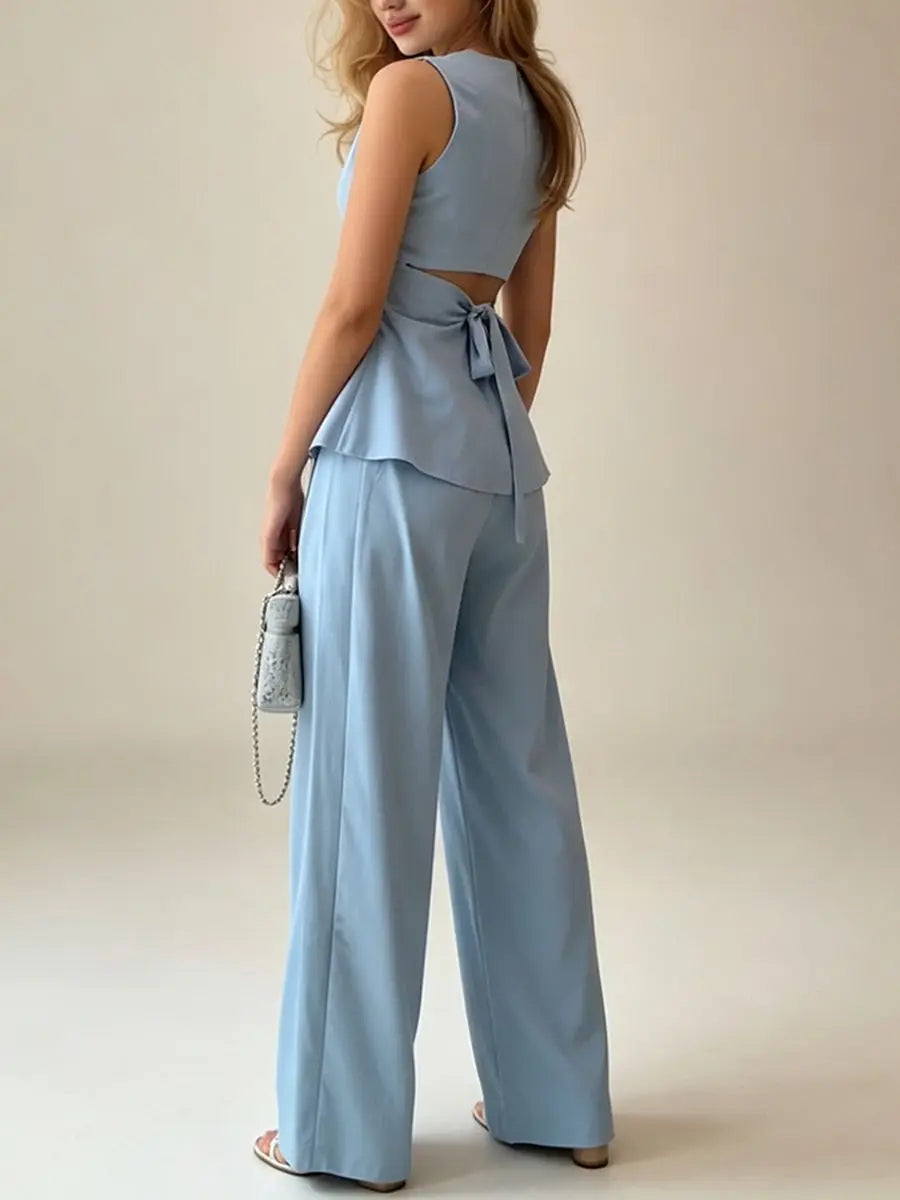 2026 Women Casual Set Elegant Back Tie Sleeveless Peplum Top + Wide Leg Pants 2 Pieces