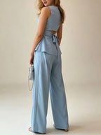2026 Women Casual Set Elegant Back Tie Sleeveless Peplum Top + Wide Leg Pants 2 Pieces
