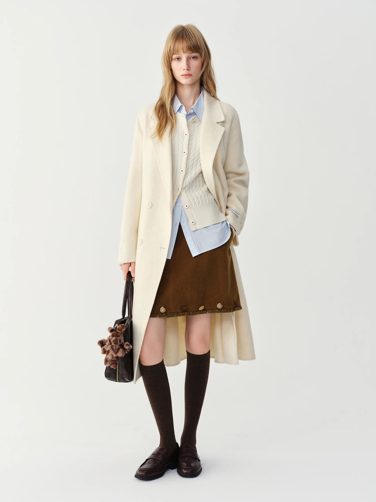 Women's 100% Wool Double-Breasted Overcoat – Turn-Down Lapel, Mid-Long, Wide Waist