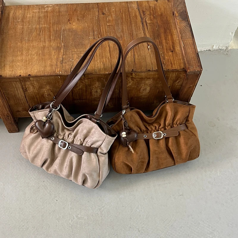 Women's Shoulder Bag Vintage Ruched PU Leather Zipper Tote Bag with Phone Pocket & Charm