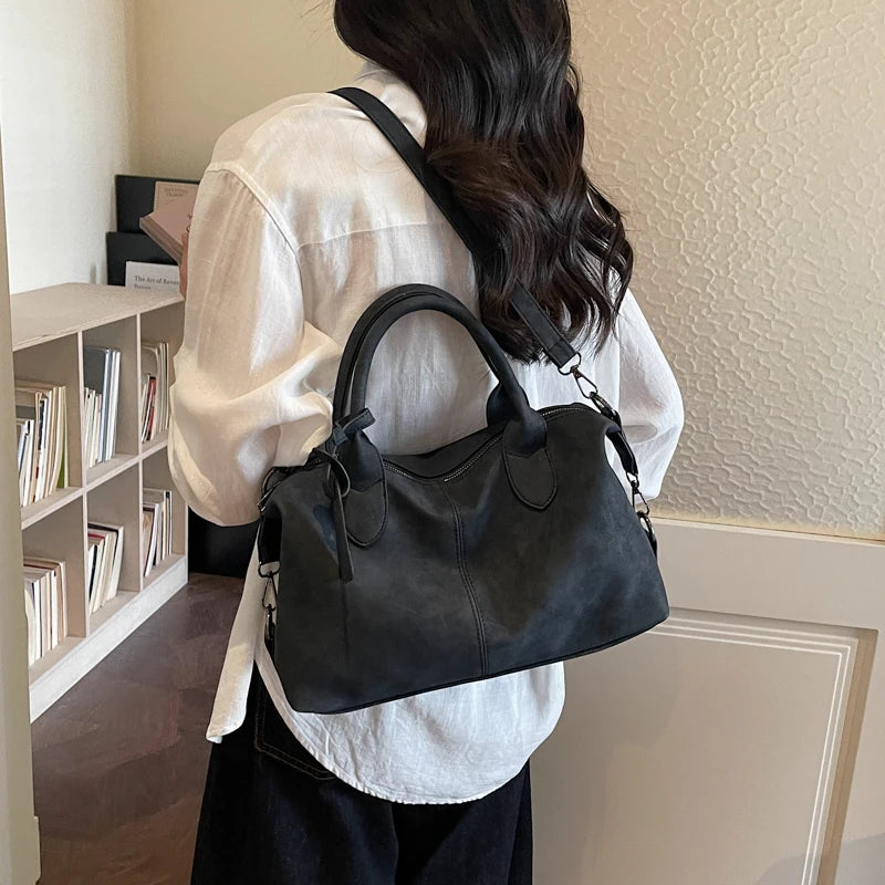 Women's Boston-Style PU Leather Shoulder Bag with Zipper