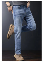 Men's Soft Stretch Straight Jeans Business Casual Slim Fit Wash Denim Pants Korean Fashion Blue Gray Male Brand Trousers