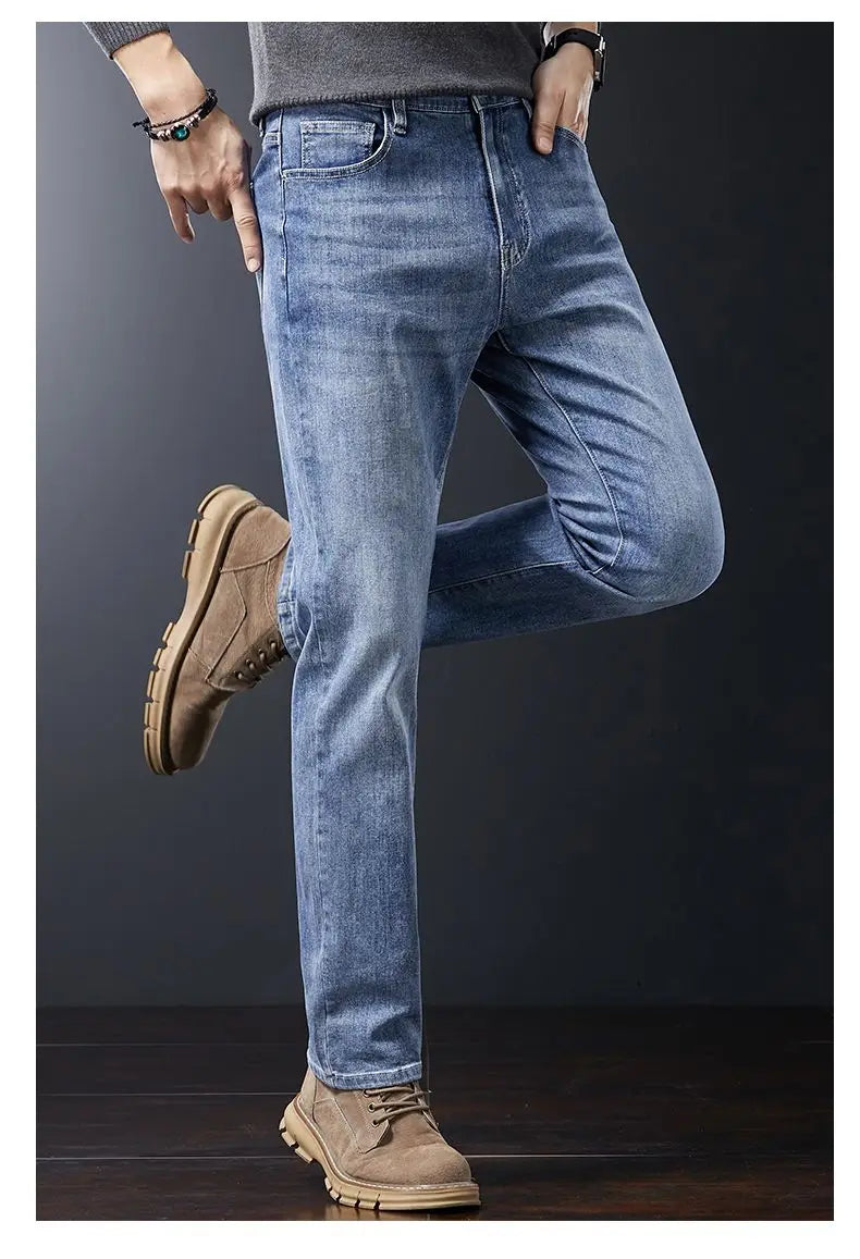 Men's Soft Stretch Straight Jeans Business Casual Slim Fit Wash Denim Pants Korean Fashion Blue Gray Male Brand Trousers